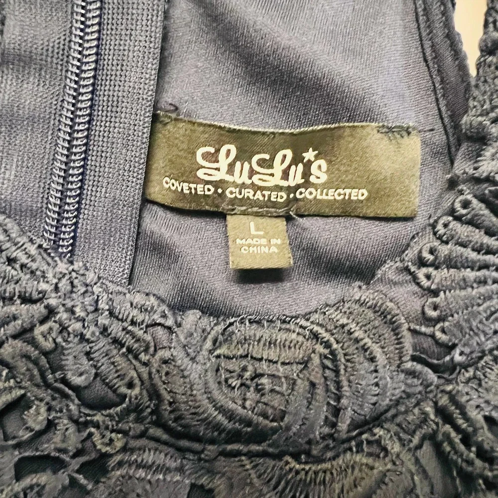 Lulus Lace Dress Size Large Love Poem Sheath High Neck  Sleeveless Navy - Picture 5 of 12